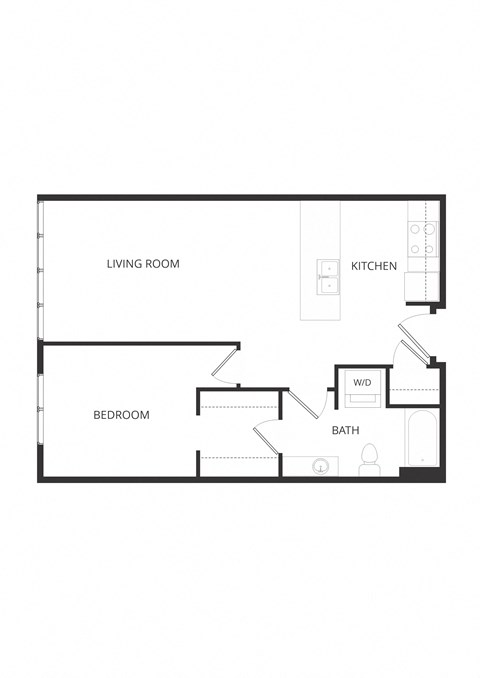Floor plan for 1 bed, 1 bath, 677 sqft